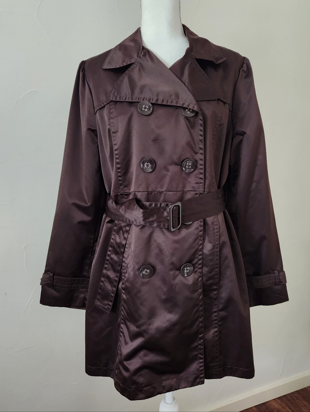 George Satin Double-Breasted Trench Coat - Dark Chocolate Brown